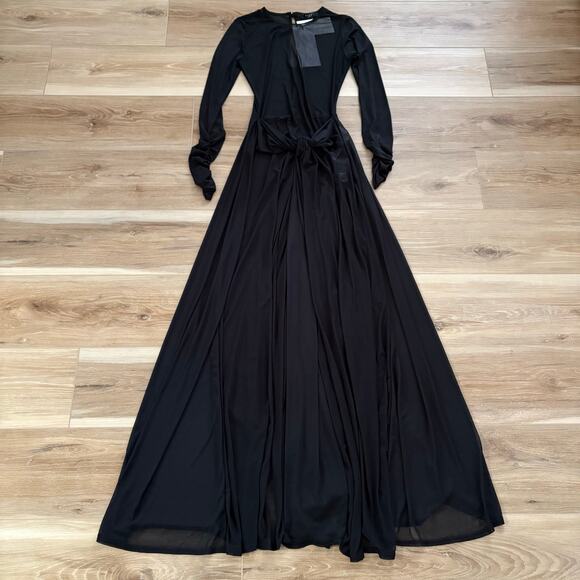 Club L London KOAMI Black Mesh Long-Sleeve Ruched Maxi Dress High Split 4 - Picture 1 of 13